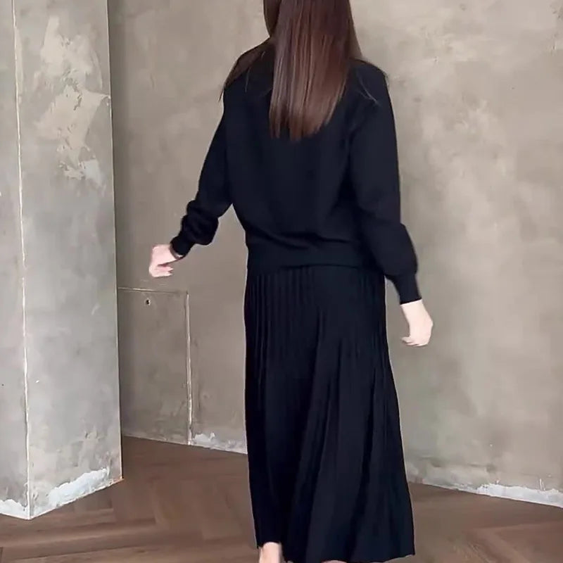 Women Dresses Ensemble Two Pieces Arab Dubai Kaftan O Neck Solid Tops Morocco Pleated Skirts Casual