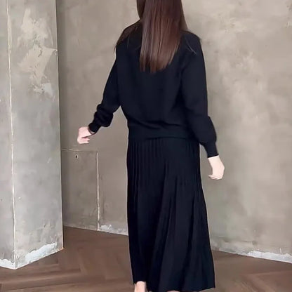 Women Dresses Ensemble Two Pieces Arab Dubai Kaftan O Neck Solid Tops Morocco Pleated Skirts Casual