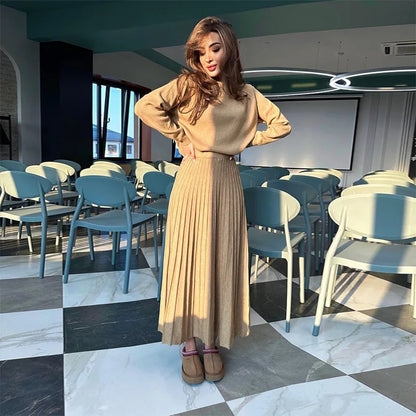 Women Dresses Ensemble Two Pieces Arab Dubai Kaftan O Neck Solid Tops Morocco Pleated Skirts Casual