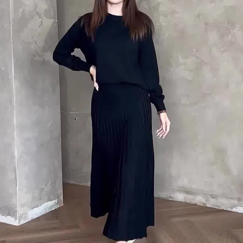 Women Dresses Ensemble Two Pieces Arab Dubai Kaftan O Neck Solid Tops Morocco Pleated Skirts Casual