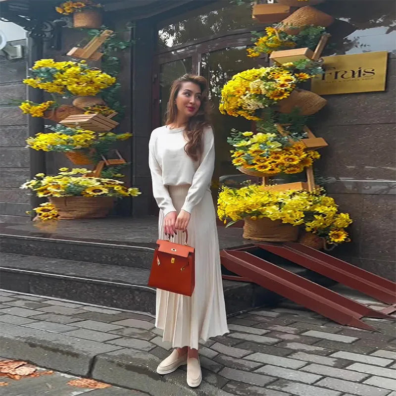 Women Dresses Ensemble Two Pieces Arab Dubai Kaftan O Neck Solid Tops Morocco Pleated Skirts Casual