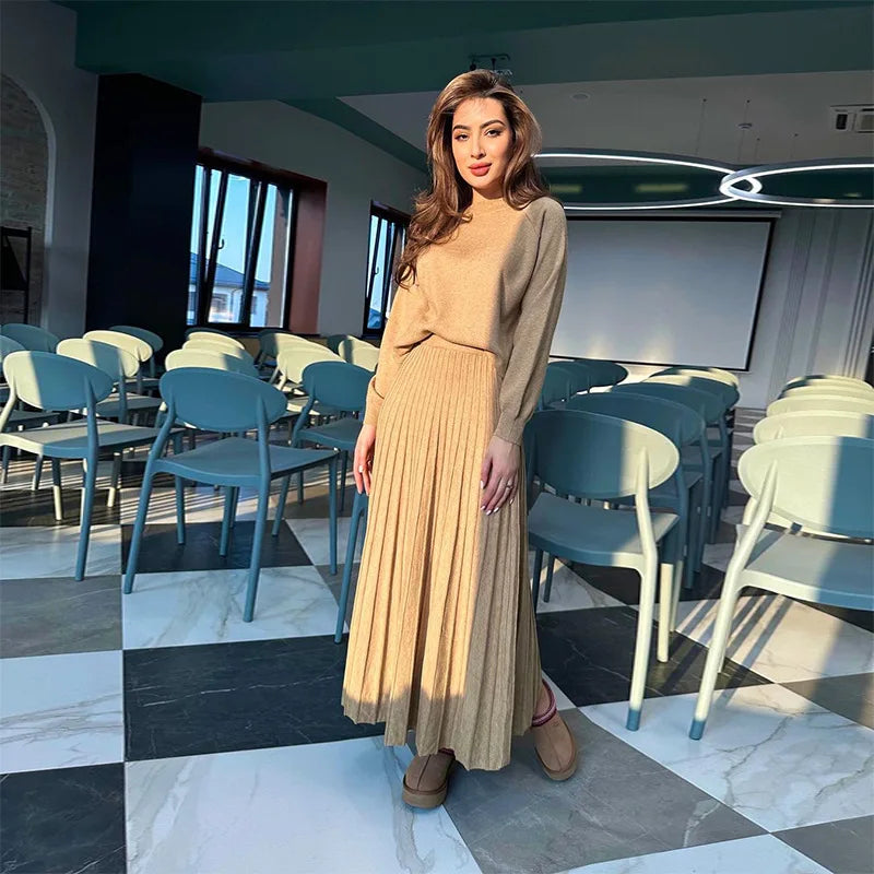 Women Dresses Ensemble Two Pieces Arab Dubai Kaftan O Neck Solid Tops Morocco Pleated Skirts Casual