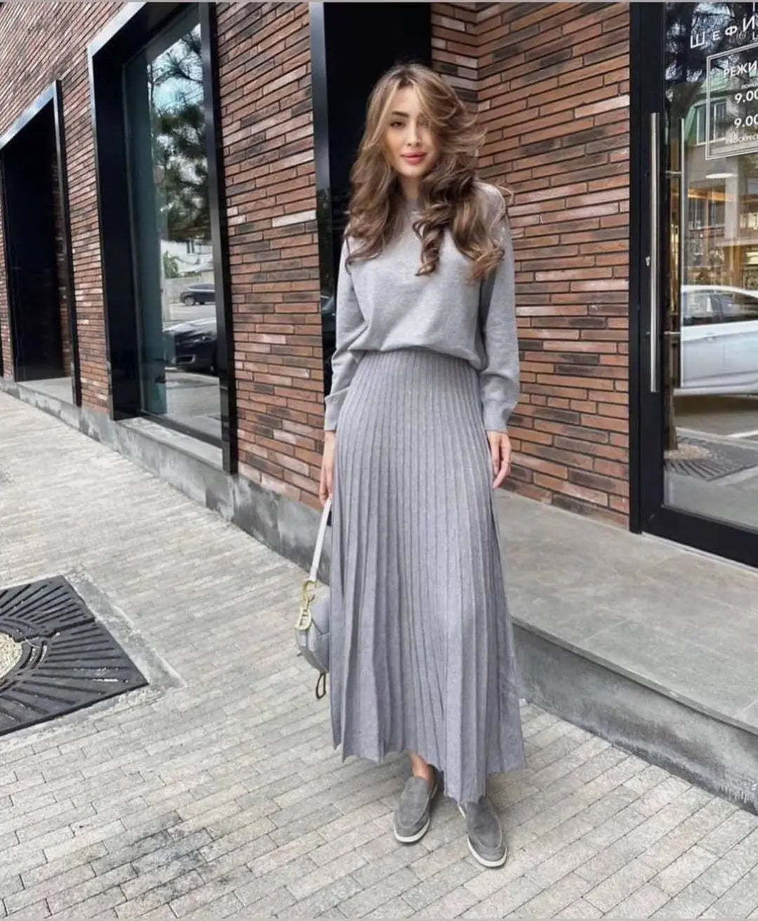 Women Dresses Ensemble Two Pieces Arab Dubai Kaftan O Neck Solid Tops Morocco Pleated Skirts Casual