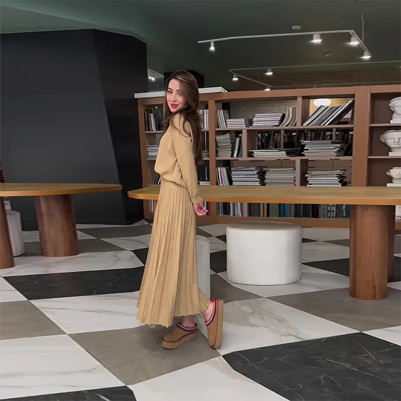 Women Dresses Ensemble Two Pieces Arab Dubai Kaftan O Neck Solid Tops Morocco Pleated Skirts Casual