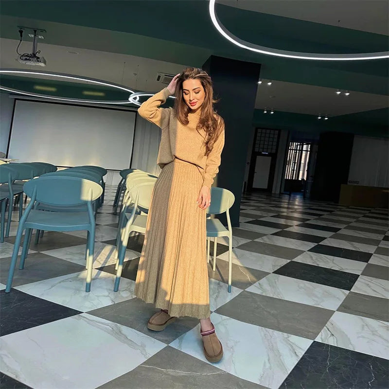 Women Dresses Ensemble Two Pieces Arab Dubai Kaftan O Neck Solid Tops Morocco Pleated Skirts Casual