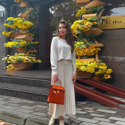 Women Dresses Ensemble Two Pieces Arab Dubai Kaftan O Neck Solid Tops Morocco Pleated Skirts Casual