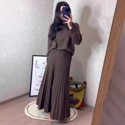 Women Dresses Ensemble Two Pieces Arab Dubai Kaftan O Neck Solid Tops Morocco Pleated Skirts Casual