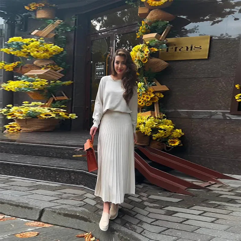 Women Dresses Ensemble Two Pieces Arab Dubai Kaftan O Neck Solid Tops Morocco Pleated Skirts Casual